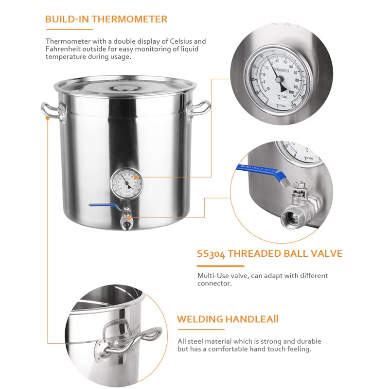 Hervidor de acero inoxidable con termómetro y válvula de bola, ideal para elaborar cerveza casera, cocinar y hacer cerveza artesanal