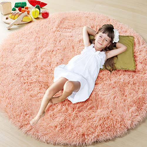 Image of ONASAR Coral Pink Cute Rug for Girls Bedroom Decor 5ft, Mermaid Fluffy Round Kids Room, Kawaii Furry Carpet Nursery, Soft Area Play Pastel Colorful Living 5x5 Feet