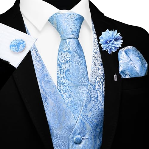 GUSLESON Mens Sky Blue Vest Tie and Bow Tie Set Formal Waistcoat Paisley Floral Jacquard Necktie Pocket Square Suit Vests Lapel Pin Wedding Party (0815-12-XXL) - Thumbnail 2