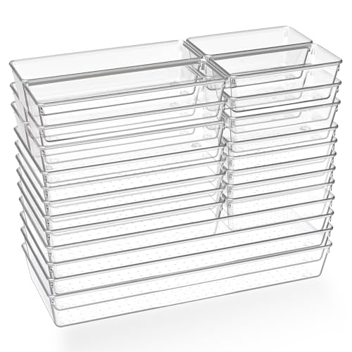 Criusia 26 Pack Large Clear Plastic Drawer Organizer Bins -5 Size Heavy Duty Acrylic Kitchen Drawer Organizers and Storage for Utensils -Bathroom Drawer Organizer Trays for Makeup Office Organization