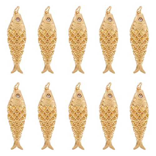 FASHEWELRY 10Pcs 18K Gold Plated Fish Charms Cubic Zirconia Fishing Eyes Charm Brass Golden Carp Charms Sparkling Micro Pave CZ Pendants for Bracelet Necklace Jewelry Making Festival Gift