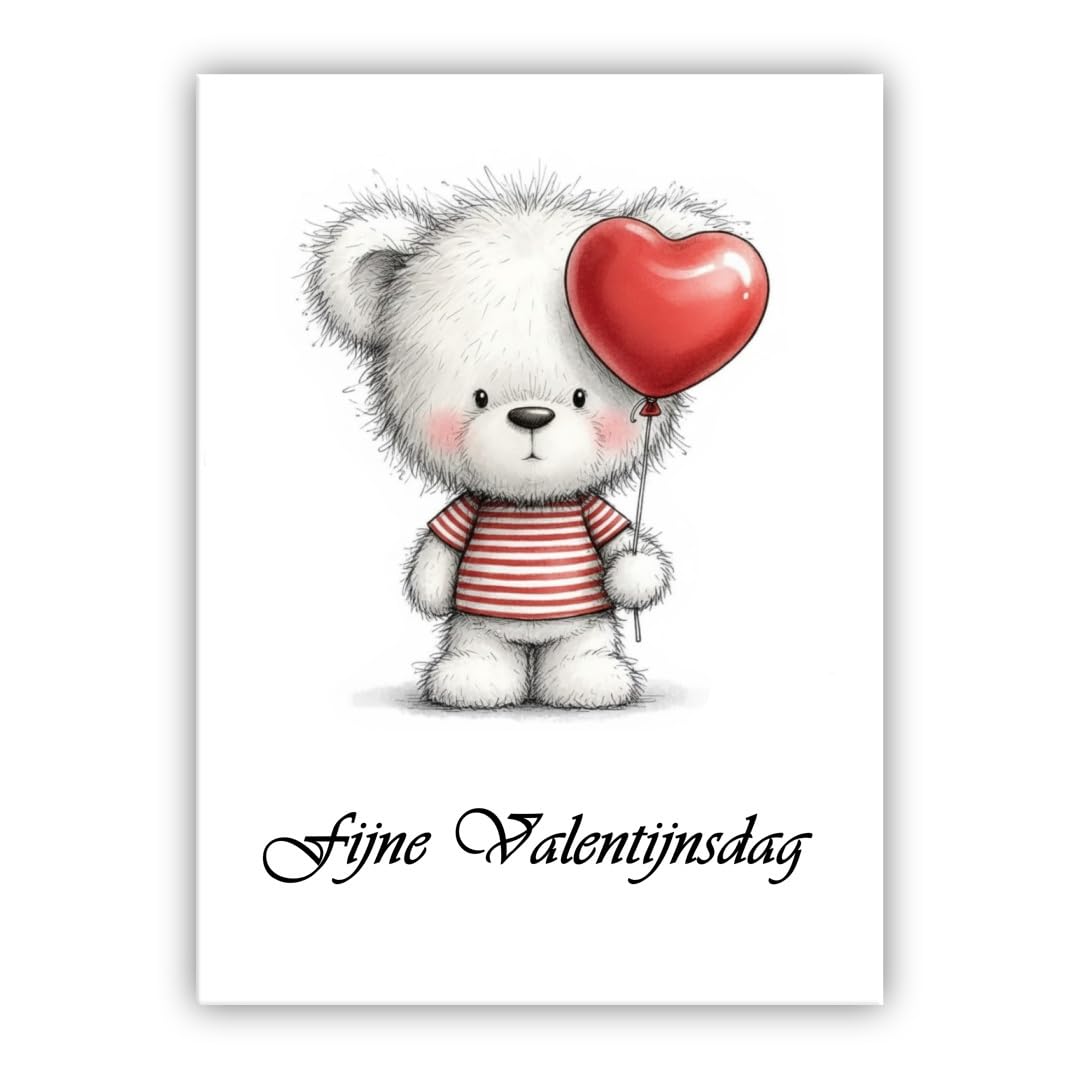 Multilingual Valentine’s Day Card – Cute Bear with Heart Balloon – Romantic Greeting Card for Husband, Wife, Boyfriend, Girlfriend (• Dutch: Fijne Valentijnsdag)