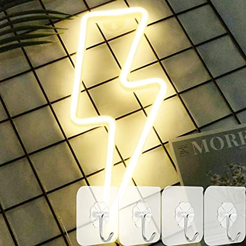 YIVIYAR Lightning Bolt LED Neon Light Signs for Wall Decor, USB/Battery Neon Signs LED Kid Night Lamp Light with 4 Hooks, LED Signs Neon Lights for Bedroom Christmas Wedding(Warm White Lightning)