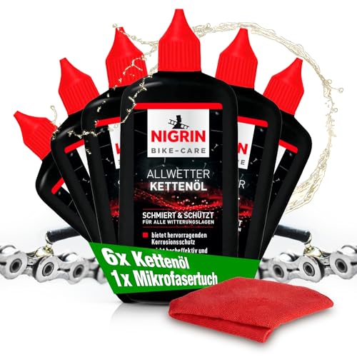 NIGRIN BIKE-CARE Allwetter Kettenöl 100 ml, 6er Pack (6 x 100ml) – Schmiermittel für Fahrradketten bei jedem Wetter – reduziert Reibung, schützt vor Rost, für E-Bike, MTB & Rennrad - mit Mikrofasertuc
