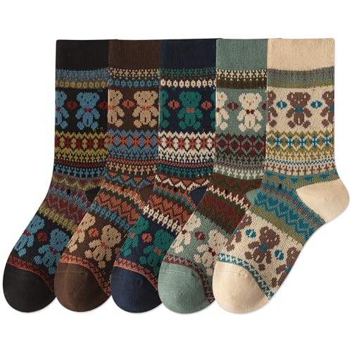 Image of IIG 3-5 Pairs Womens Vintage Cozy Crew Socks Soft Cute Neutral Cotton Socks Exquisite Patterns Socks Gift