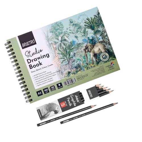 Image of BRUSTRO Artist's Graphite Pencil Set of 5,Pre-Sharpened,Break-resistant With Studio Drawing Book,Blank 80 Pages, Wiro Bound, A5(5.8x8.3 inches), 140 GSM,Perforated Sheets|Ideal for Sketching,Writing