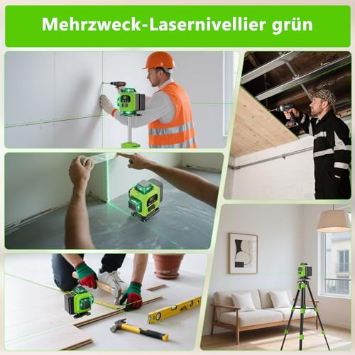 Kreuzlinienlaser Grün 16 Linien Nivellierlaser mit Stativ, 4 x 360 ° Laser wasserwaage, linienlaser kreuzlaser selbstnivellierend für Innenbereich Baustelle, 2 x Batterie Vermessungskabine