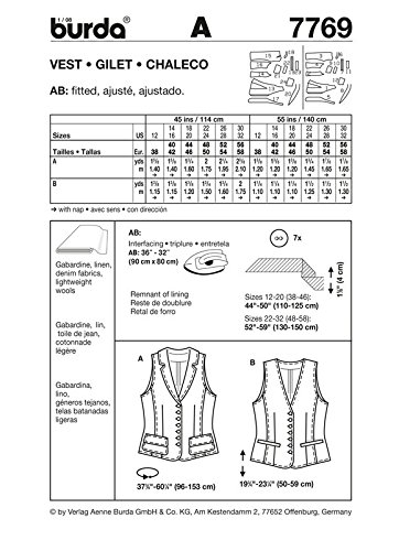 Burda 7769 Patron Couture Gilet Femme Taille 38-58 - Patron Veste Avec Poches Et Col