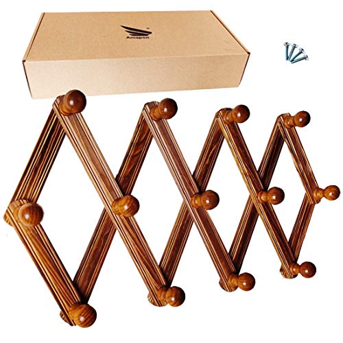 AMAPON Wooden Accordion Expandable Wall Hanger Coat Hat Rack 13 Hooks (Pegs) Hang