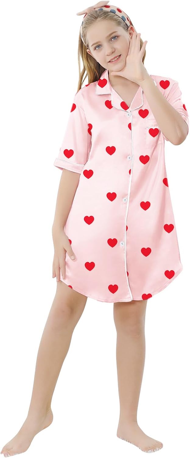 Schbbbta Girls & Women Silk Nightgown, Short Sleeve Button Down Satin Nightshirt Pajama House Dress, 3 Years- Women 2XL - Image 2