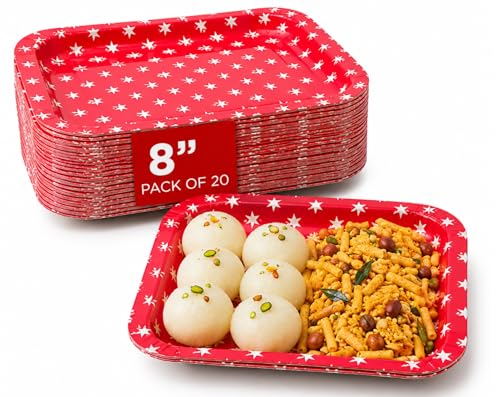 Image of Paper Plates | 8 inch - Pack of 20 | Disposable Plates Big Size for Snacking & Everyday Use Red Color