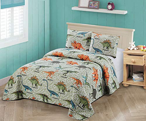 Better Home Style Blue Green Orange Grey Dinosaurs World Kids/Boys/Toddler 2 Piece Coverlet Bedspread Quilt Set with Pillowcase # Dinosaur Family (Twin)