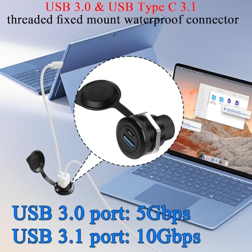 QIANRENON USB3.0 & USB C 3.1 Threaded Fixing Circular Connector USB3.0+USB Type C 3.1 Female to Female Embedded Panel Mount Adapter 2 Port Socket, Dust Cover, Mounted on Device Panel Dashboard by QIANRENON - Image 4