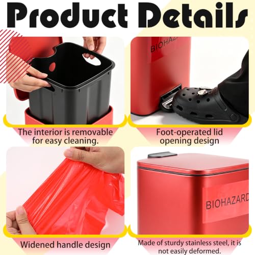 Image of Geiserailie 2 Set 1.6 Gallon Stainless Steel Biohazard Trash Can with Foot-operated Self-closing Lid, with Biohazard Labels & Bags for Lab Medical Hospital Industrial Infectious Waste Disposal, Square