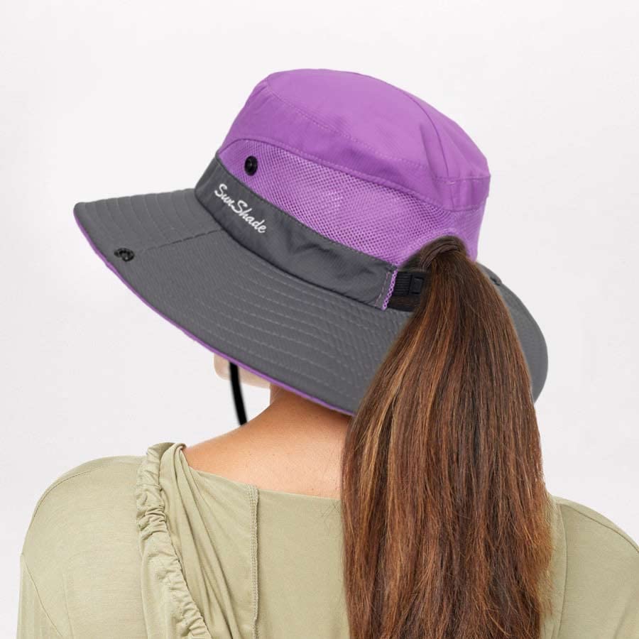 Image of Sun Hat for Women Summer UV Protection Beach Hat Wide Brim Mesh Bucket Fishing Hat with Ponytail Hole Foldable Packable Hat