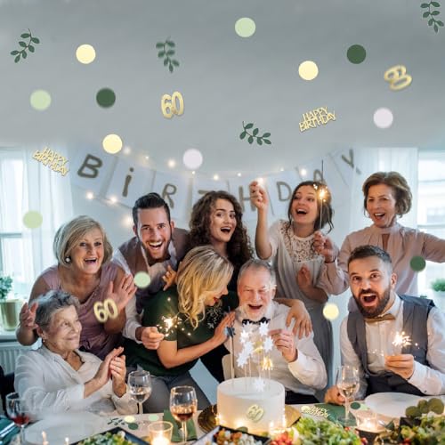 Image of Sage Green 60th Happy Birthday Confetti, 60th Birthday Table Decorations Scatter Green Gold Foil Cake Confetti Decorations for 60 Bday Woman Men Party Decor 230 Pcs