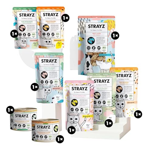 STRAYZ Katzenfutter Nass & Katzenleckerlis Probierpaket – Getreidefrei, Hoher Fleischanteil, Bio Futter, 100% natürliche Zutaten, Premium Nassfutter für Katzen