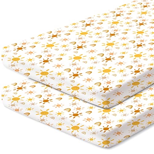 Image of Babebay Stretchy Pack N Play Playard Fitted Sheet Set, Premium Mattress Pad Sheets Portable Mini Crib Sheets Covers 2 Pack - Safe and Snug for Baby Girls and Boys Stylish Sun