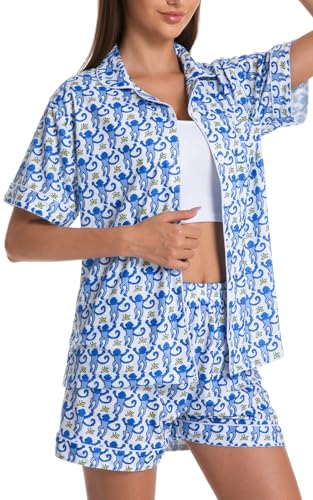 Image of Womens Pajamas Set Shorts Button Down 2 Piece Monkey Bunny Y2k Roller Dupes Rabbit Preppy Lounge Pjs Comfy Sleep Wear