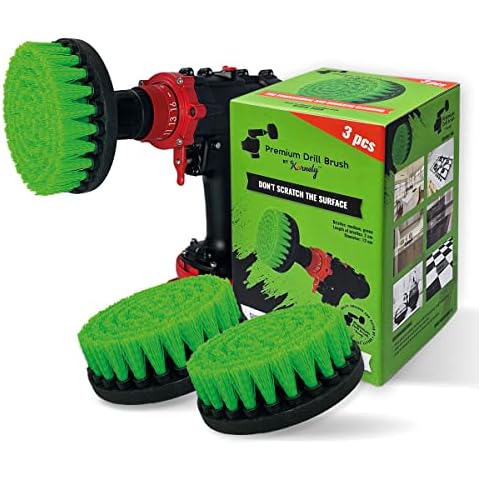 Premium Drill Brush, Medium Stiff, Green 3pcs. SET 13cm. Professional Power Scrubber. Doesn't Scratch Surfaces. Suitable for Kitchen, Stove and Oven, Cabinets, Counters, Dirty pots, Linoleum Cleaning Cover