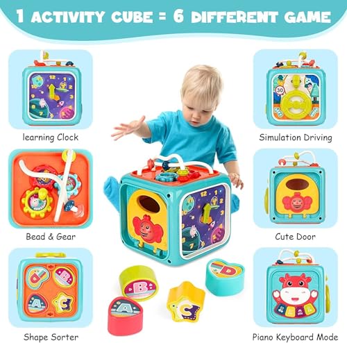 Image of Cable World 6 in 1 Montessori Activity Cube for Kids | Musical Sensory Learning Toy with Shape Sorter, Bead Maze, Piano Keyboard, Clock & Steering Wheel | Educational Toy for Babies & Toddlers