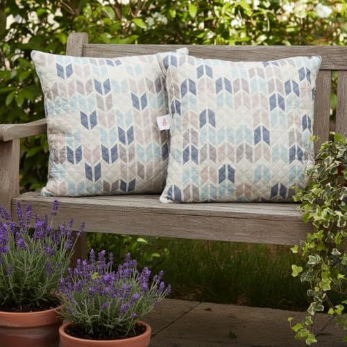 Image of STITCHNEST 'QuadraNest' Series Printed Quilted Velvet Cushion Cover 16x16 Inch Set of 2 | Premium Soft Fabric, Washable & Fade Resistant | Decorative Living Room Cushion Covers | Beige & Blue Chevron