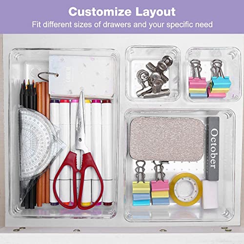 Image of Clear Plastic Drawer Organizers Set, 4-Size Versatile Bathroom and Vanity Drawer Organizer Trays, Storage Bins for Makeup, Bedroom, Kitchen Gadgets Utensils and Office (13 PC SET)