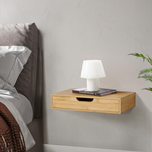 [en.casa] Wandregal Bokn mit Schublade Bambus Schweberegal Hängeregal Wandablage Wandboard Nachttisch-Ablage Naturfarbe 40 x 24 x 8 cm Wandschublade