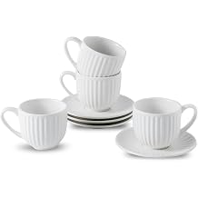 Hasense Porcelain Cappuccino Cups and Saucers Set of 4,White Ribbed 6 Oz Demitasse Tea Cup with big Handle, Mugs Set for Coffee,Tea,Latte and Mocha, Aesthetic Gift for Anniversary or Holiday