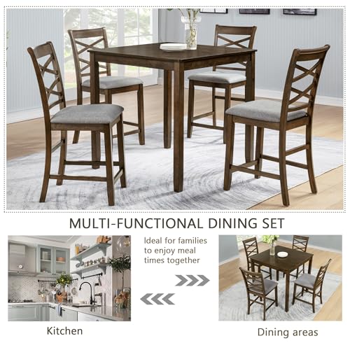 Image of Harper & Bright Designs Counter Height Dining Table Set 5-Piece, 34.5 inch Square Wooden Table & 4 Upholstered Chairs, Modern Walnut Finish Counter Height Set for Kitchen, Dining Room, Small Spaces
