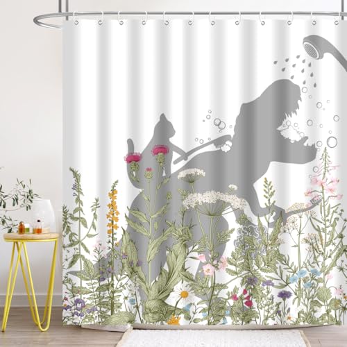 Image of Cat Dinosaur Shower Curtain Funny Cat Help Dino Bathe Behind Wildflowers Trex Silhouette Shadow for Kids Bathroom Home Decor Waterproof Polyester Fabric 72Lx72W Inch with Hooks