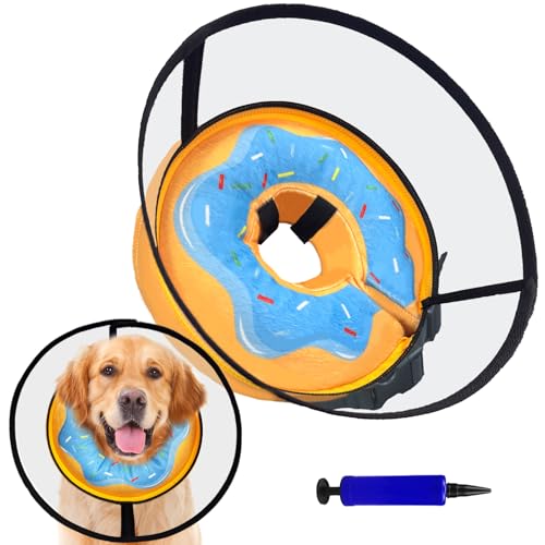 Image of Inflatable Dog Cone Collar, Soft Dog Cone After Surgery, for M M+ L XL Dogs, with Detachable Anti Licking Shield and Inflator, 2 in 1 Adjustable Alternative, Does Not Block Vision, XL