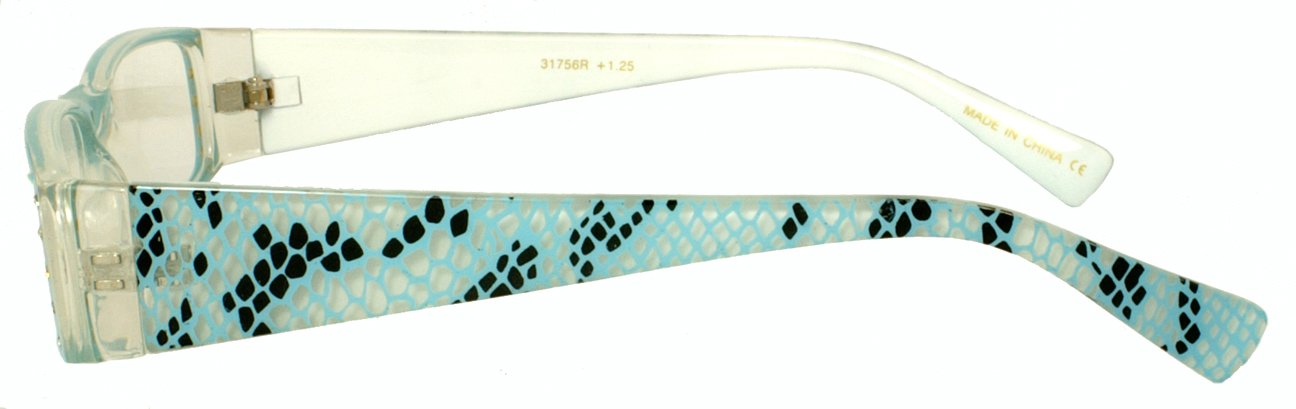 Edge I-Wear Women's Rectangular Full Frame Plastic Animal Print Reading Glasses with Rhinestones 31756R 2.25-4(CL+BU)