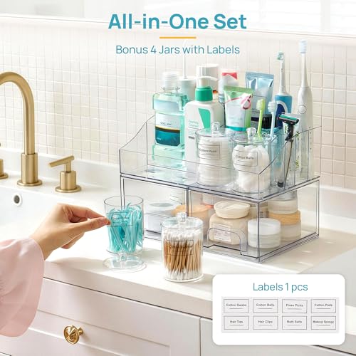 Image of Vtopmart 7 PCS Bathroom Countertop Organizer, 1 Divided Tray with 4 Qtip Holder Jars and 2 Drawers, Restroom Clear Organizers for Toothbrush, Cotton Pads, Vanity Accessories Storage Set