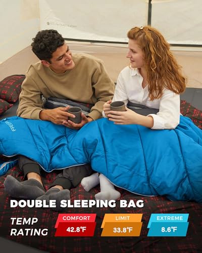 Image of KingCamp Double Sleeping Bag for Adults, Queen Size 2 Person XXL Flannel Sleeping Bag, Waterproof Lightweight Flannel Quilt with 2 Pillows, Perfect for Couples Family Camping Hiking