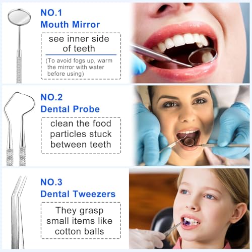 Image of 3-Piece Stainless Steel Teeth Cleaning Tool Kit with Mirror - Plaque & Tartar Remover Set for Oral Care, Tooth Scraper Picks for Home Use