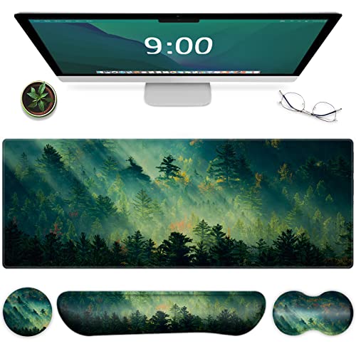 Galdas Keyboard XL Mouse Pad Set,4-in-1 Large Gaming Mouse Pads +Ergonomic Keyboard Wrist Rest+Mouse Wrist Rest+Coaster Desk Pad Set for Office, Home, Laptop,Easy Typing Pain Relief (Green Tree)