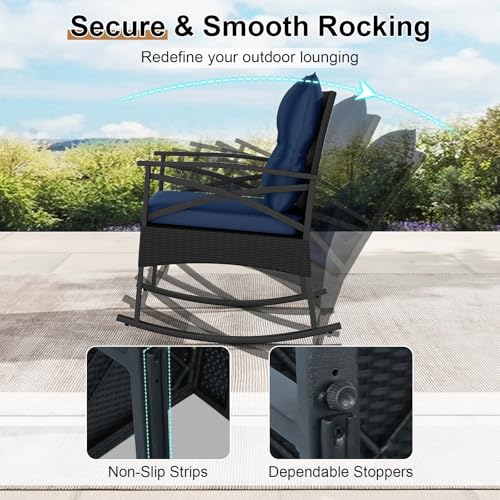 Image of Tangkula 3 Pieces Wicker Outdoor Rocking Chairs Set | Heavy Duty | Cushioned | Rattan Rocker Bistro Set w / 2-Tier Tempered Glass Coffee Table for Garden, Balcony, Backyard