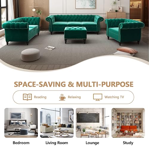Image of QHITTY Accent Large Sofa, Chesterfield Couch 3 Seater Modern Velvet Couch Upholstered Sofa with Tufted Back for Living Room Furniture (Green)