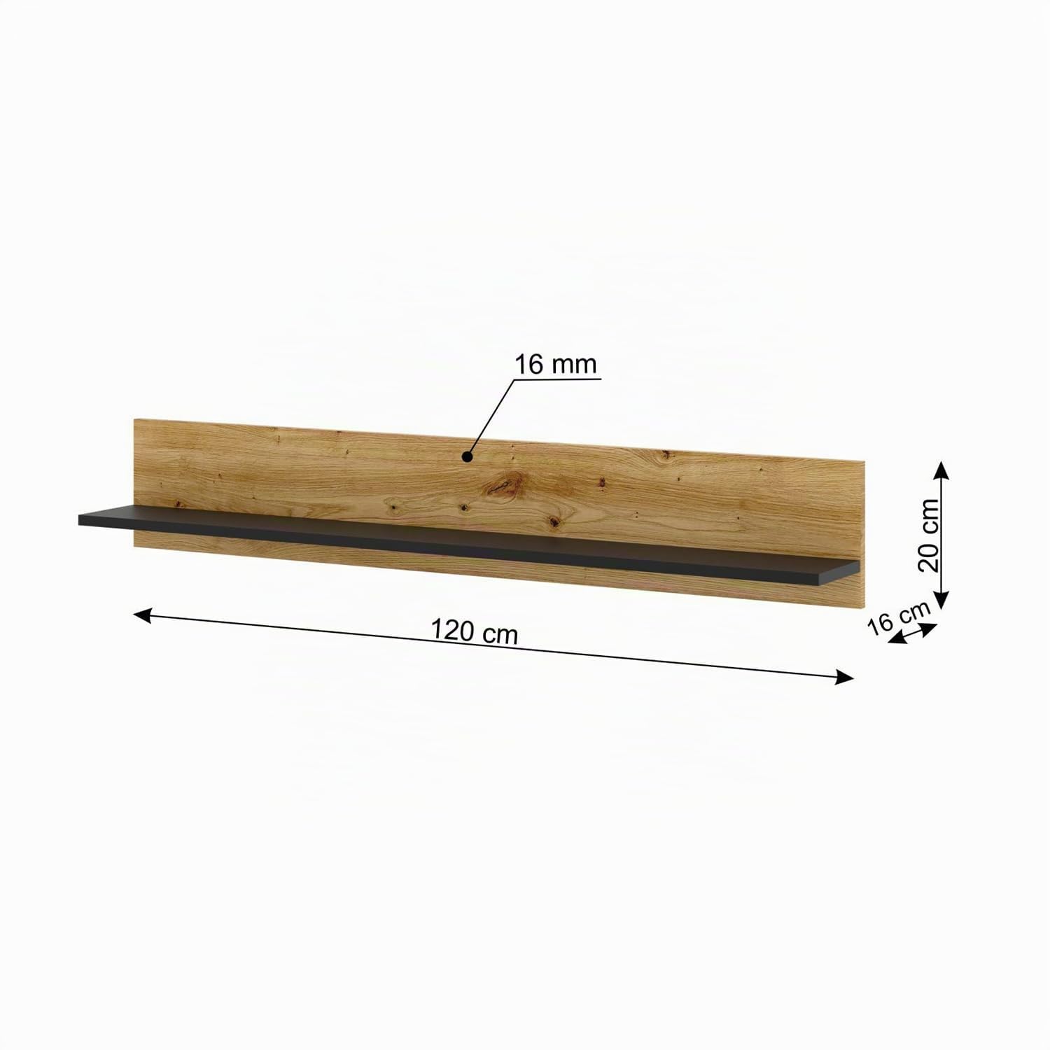 BIM Furniture Wandregal Aura – Modern Dekoregal 16x120x20 cm, Hängeregal, Wohnzimmer Regal, Wandmontage – Eiche Artisan/Schwarz Matt