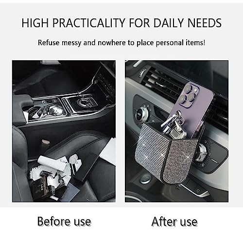 Image of Salior Rhinestone Vent Storage Organizer, Leather Pocket, Bling Accessories for Women or Man, Multipurpose Sunglass and Coin Holder for Car Decorations, Black