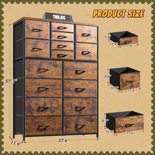 57“H Tall Dresser for Bedroom with 16 Drawers,Fabric Dressers & chests of Drawers for Bedroom,Large Dresser for Closet,Sturdy Metal Frame & Wood Top,Entryway, Hallway(Rustic Brown) - Image 4
