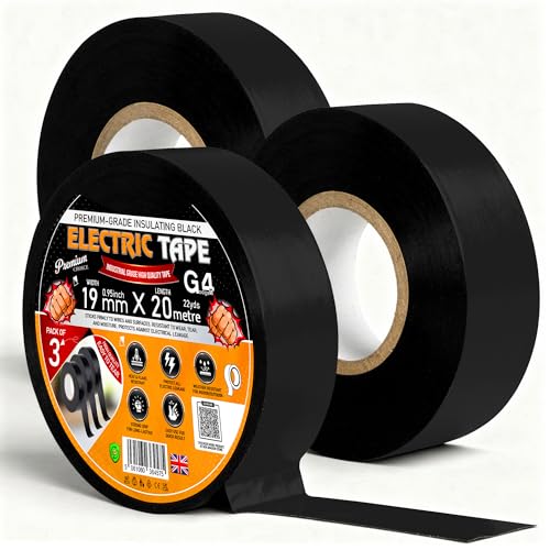 Image of G4GADGET Black Electrical Tape 19mm x 20m (Pack of 3) – Strong Self-Adhesive PVC Insulation Tape, Waterproof Heat Resistant Electric Tape for Wires, Cables, Repairs & DIY