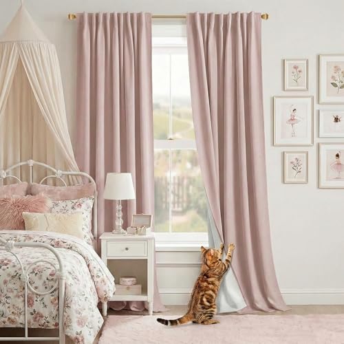 Image of Dusty Blush Pink Blackout Curtains for Girls Room & Nursery, Cat Scratch Proof Soft Matte Drapes with Coquette Girly Pleats for Bedroom, Pretty Floor to Ceiling Draping or Track System with Hooks
