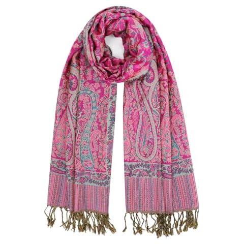 vimate Rose Red Paisley Pashmina Scarf-Ladies Two Tone Jacquard Silky Formal Pashmina Shawls and Wraps for Evening Dress(Style 4-Fuchsia + Teal) Cover