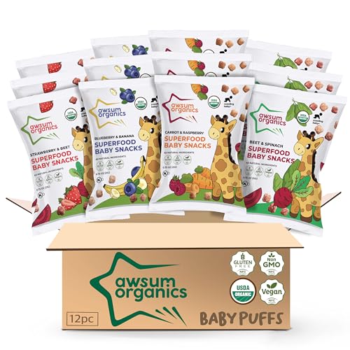 Image of Awsum Organics Baby Snacks - Happy Healthy Baby Food - Snack for Babies - Organic Vegan Kosher Gluten Free - Natural Plant Based Puffs - Non-Allergy - No Added Sugar 0.75 Oz Bag (Variety, 12 bags)