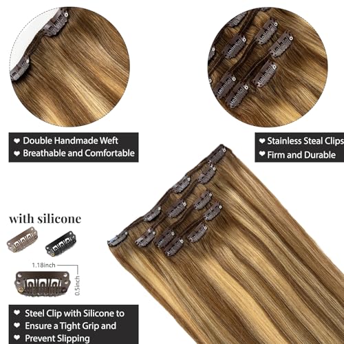 Image of Belaved Hair Extensions Clip in Human Hair Ombre Brown to Ash Brown and Bleach Blonde Balayage14 Inch 70g 5pcs 100% Remy Real Human Hair Clip in Extensions Straight Seamless Invisible 8T8P613