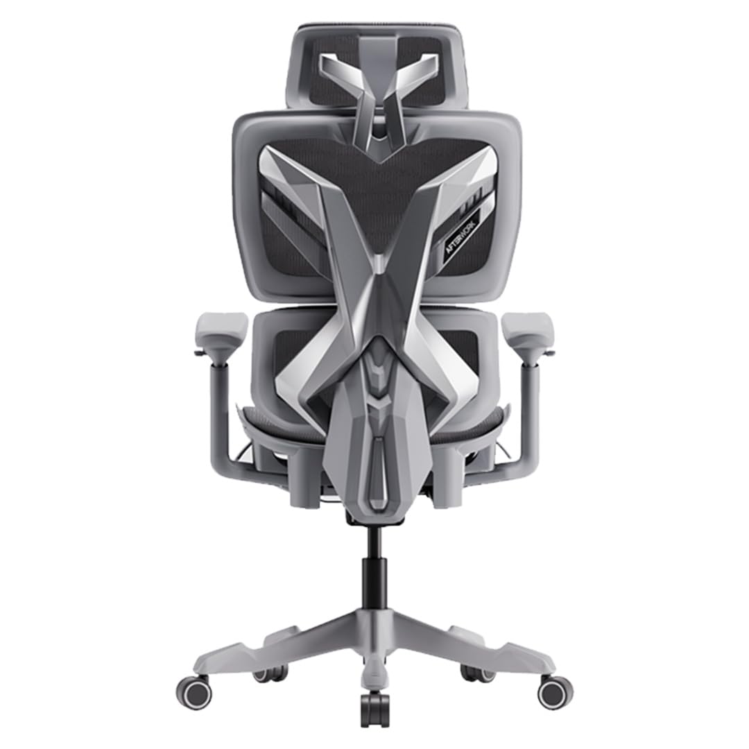 AFTERWORK Xyrion Super Ergonomic Gaming Chair with Footrest - 3D Adjustable Headrest, Adaptive Backrest, 4-Position Tilt Lock, Breathable Mesh, and Silent Castors (Silver)