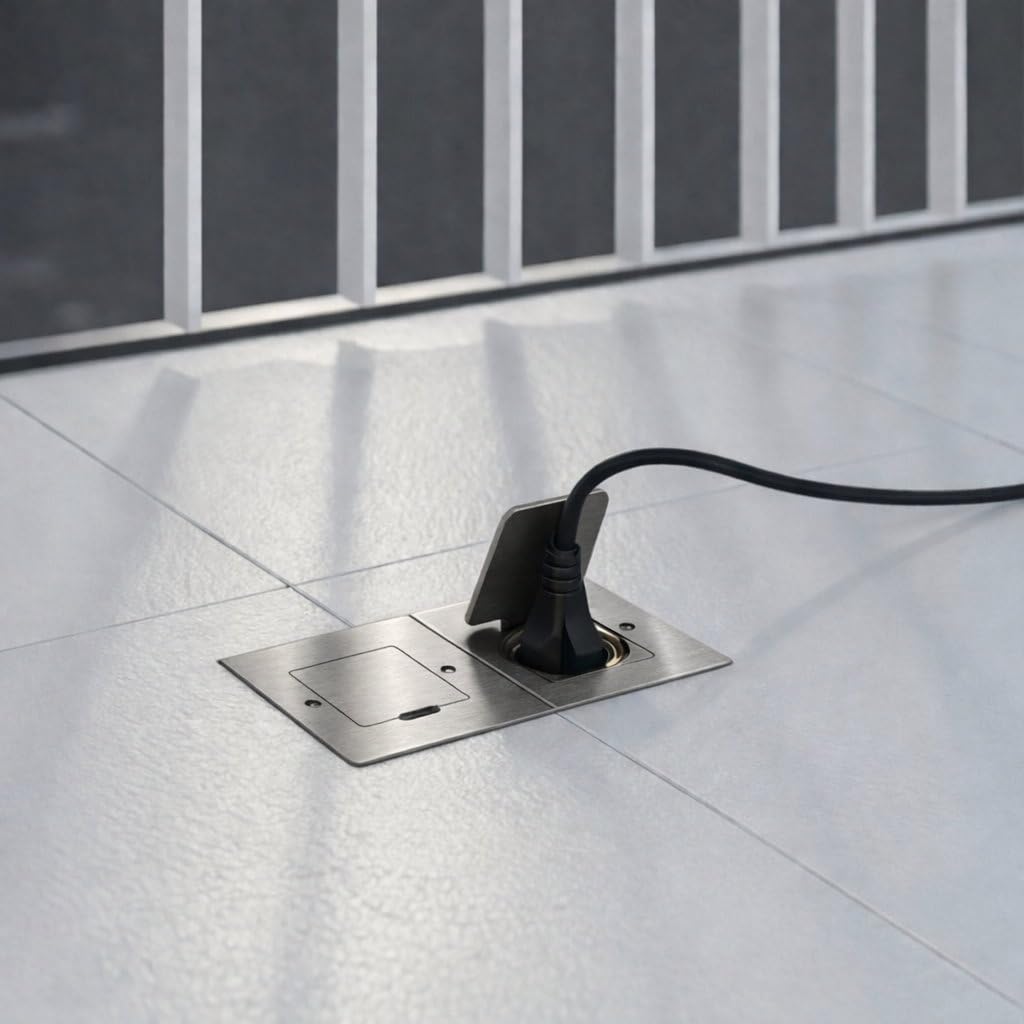 Metall Einbausteckdose, Bodensteckdose IP44, Klappdeckel, Serie AP-1 Eisen-gebürstet