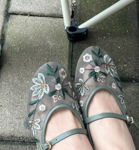 Image of MRKEWUNEY Mesh Ballet Flats for Women Embroidered Floral Round Toe Mary Jane
